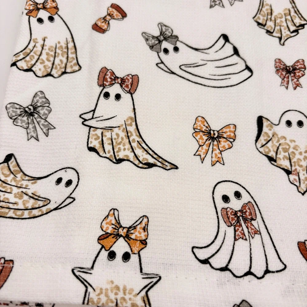 Abbey Cottage Halloween Ghost Leopard Bow Kitchen Towels 2 Pack 16x26 Cotton NEW